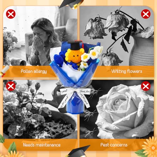 2026 Graduation Crochet Flowers Bouquet Gifts Class of 2026 Graduation Gift for Her Sunflower Mortarboard with Greeting Cards Bag Handmade Knitted Artificial Flowers for Grad(Blue) - color: Blue