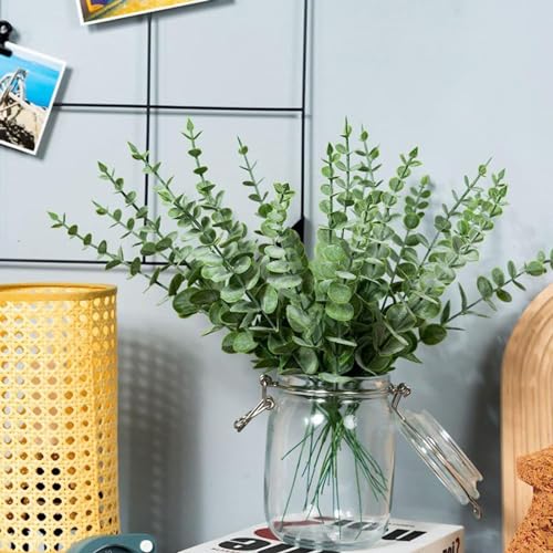 ABAJI Plastic Eucalyptus Wine Red Stems 12 PCS Fake Faux Decorations with Artificial Leaves Greenery Plant Leaf Suitable Home Office House Table Desk Decor Wedding Party Vase Forever Live - color: Wine Red