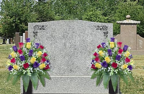 LVXINLI Artificial Cemetery Flowers, Gravesite Decoration Roses, Memorial Bouquets with Cemetery Vase, Vibrant and Long-Lasting Colors (Yellow+Purple+Brilliant Red, 2 Bundles) - color: Yellow+purple+brilliant Red