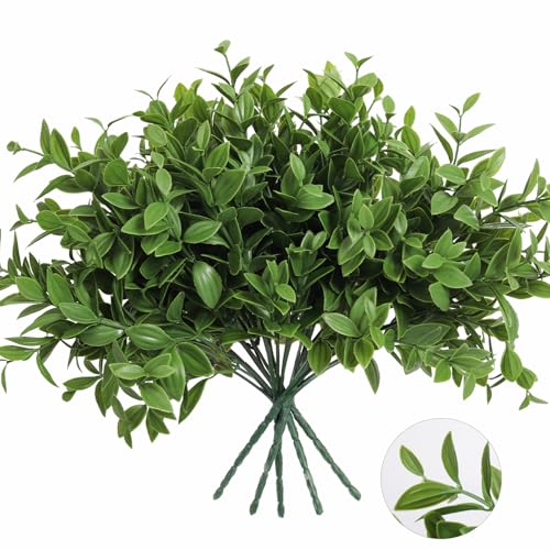 6 Bundles Artificial Greenery Stems, 14.5" Fake Lucky Bamboo Leaves Faux Outdoor Plants UV Resistant Plastic Shrubs for Outside Home Room Garden Patio Front Porch Farmhouse Pathway Indoor Decorations - color: Green