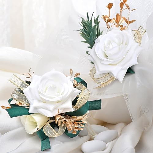 Ivory Rose Wrist Corsage Wristlet Band Bracelet and Men Boutonniere Set with Dark Green Ribbin for White Wedding Flower Accessories Prom Suit Decorations