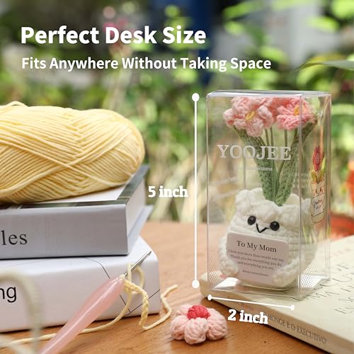YOOJEE Crochet Forget Me Not Gift for Mom – Mothers Day Gifts from Daughter Son, Handmade Pink Flower Pot with Card “to My Mom”, Cute Desk Decor, Ready-to-Gift with Clear Box - color: E-mom-pink