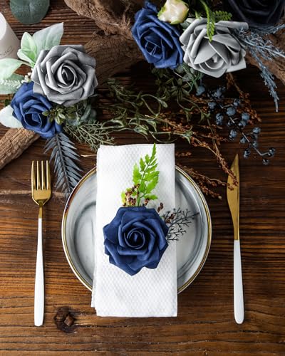 DuHouse 25Pcs Artificial Roses Flowers Fake Roses with Stems Real Touch Foam Flowers for DIY Wedding Bouquet Party Centerpiece Floral Arrangement Party Home Decor (Navy Blue) - color: Navy Blue, size: 25pcs