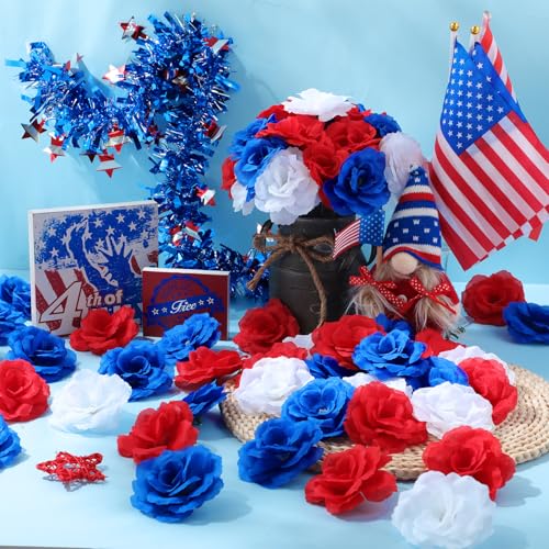 Yunlly 100 Pcs Artificial Flowers Fake Silk Roses Long Stem Rose Bouquet Wedding Party Home Decor for DIY Baby Shower Centerpieces Tables Home Decorations(Blue, White,Red) - color: Blue, White, Red