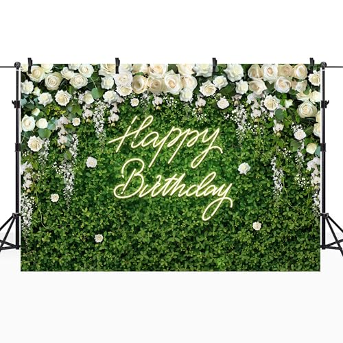 Riyidecor Happy Birthday Backdrop for Women Neon Flower Wall White Rose Green Leaves Floral Blossom Botanical Plant 7Wx5H Feet Nature Photography Background Girls Photo Studio Shoot Polyester Fabric - color: A-Birthday （White Rose）, size: 7Wx5H