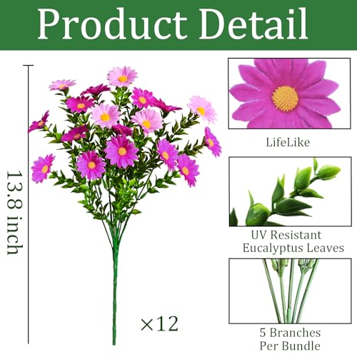 12Pcs Artificial Flowers for Outdoors UV Resistant，Daisy Fake Flowers Bouquet Weatheroof Faux Flowers for Outdoor Planter Real Touch Silk Flowers for Front Door Garden Proch Patio，Purple - color: Purple, size: 12Pcs