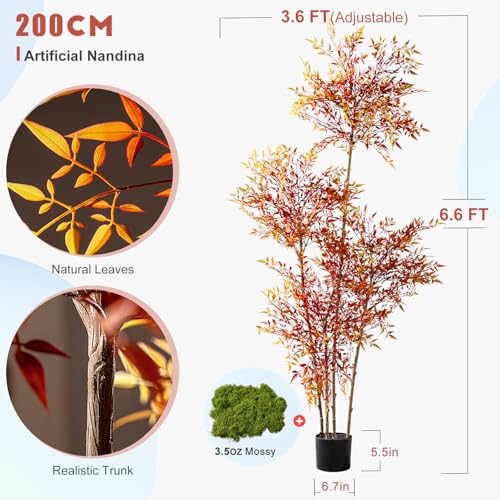 Faux Bamboo Plant Artificial Nandina Tree 6.5FT Artificial Plants Realistic 90% Better Coverage Faux Plant Bamboo Plants Faux Floor Plant in Pot for Home & Office Decor (Red, 6.5ft) - color: Red, size: 6ft 6in