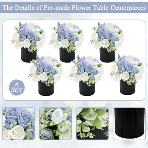 Pre-Made Flower Table Centerpieces, Set of 6 Artificial Silk Peonies with Black Vases for Wedding Reception, Modern Floral Decor for Birthday Party, Anniversary Ceremony - Dusty Blue & White - color: Dusty Blue & White