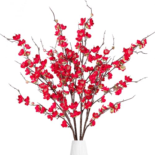 Sggvecsy Artificial Plum Blossom Flowers 4 Pcs Faux Cherry Blossom Stems Faux Silk Plum Blossom Branches 36.2’’ Fake Flowers Long Stems for Vase Arrangements Home Wedding Table Decor (Red) - color: Red