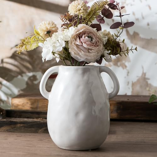 White Ceramic Vase with 2 Handles for Modern Farmhouse Home Decor, Vintage Rustic Decorative Vases, Small Vase for Fresh and Dried Flowers, Centerpiece Table Decorations, 7 Inch