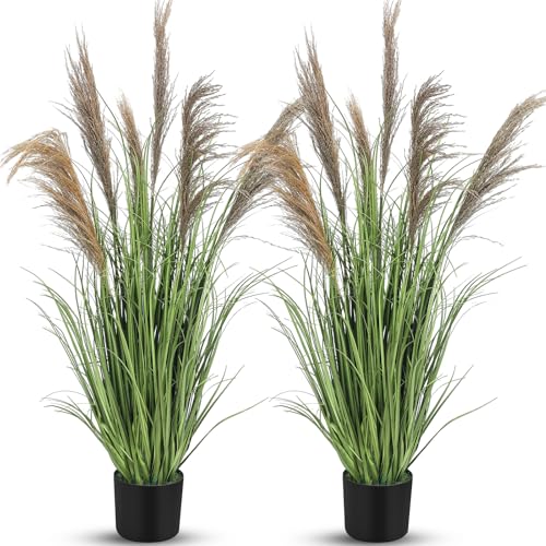 Jexine 2 Pcs Pampas Grass Potted Plants 4 ft Tall Artificial Grass Potted Artificial Greenery Floor Plants Tall in Pot for Housewarming Gift House Garden Bathroom Lobby Outdoor Decoration (Greeny) - color: Greeny, size: 4 ft