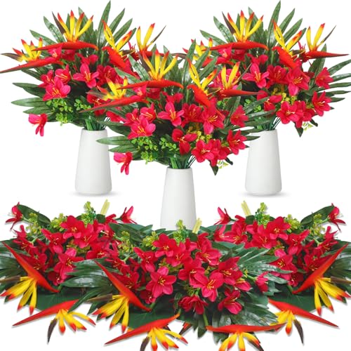 Hotop 4 Set/ 16 Pcs Artificial Tropical Flower Bouquets Bulk for Hawaii Centerpieces Bird of Paradise Lily Bouquet Permanent Flower Tropical Plant Party Office Home Decor (Rose Red) - color: Rose Red