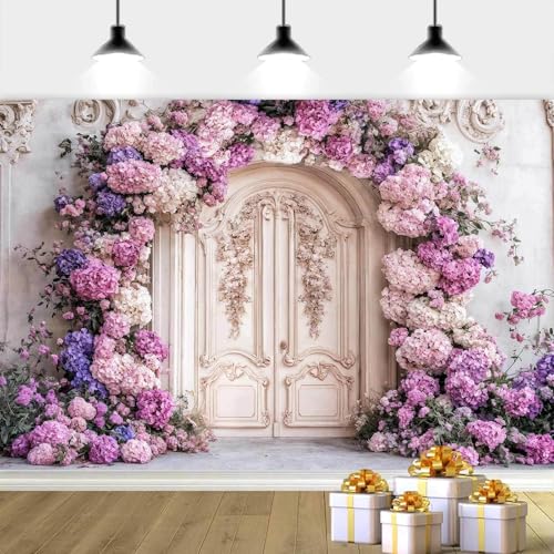 6X4ft Flower Backdrop Purple Floral Arch Retro Door Photography Backdrops Modern Interior European Style Wall Decoration Wedding Portrait Background Studio Photo Booth Props - color: Multi3, size: 6X4ft