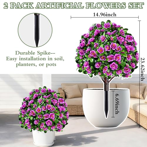 Waipfaru 2 Pack Artificial Flowers Topiary Ball Trees for Outdoors, 24" Fake Bushes Plants, UV Resistant Faux Shrubs with Ground Spike for Front Porch Planters Patio Garden Yard Decor(Fuchsia) - color: Fuchsia