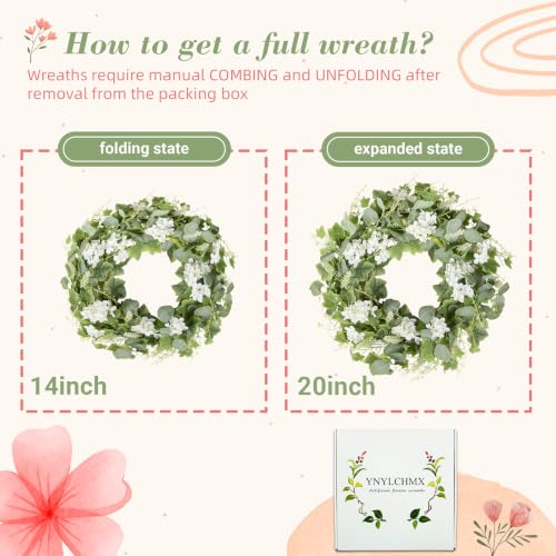 YNYLCHMX 20" Spring Summer Wreaths for Front Door, Artificial Wreath with White Flowers Grapevines Green Eucalyptus Leaves, Green Foliage Wreath for Wall Window Farmhouse Party Holiday Home Decor - color: Grapevines