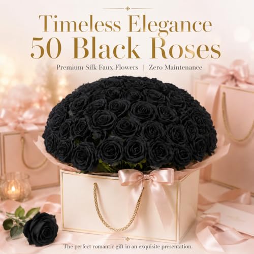 50 PCS Black Roses Artificial Flowers, Fake Roses Bouquet, Artificial Black Rose with Stems for DIY Wedding Flowers Decoration, Valentines Day Mothers Day, Bridal Bouquet Rose - color: Black, size: 50 Pcs