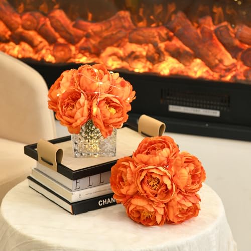 Artificial Peony Silk Flower Centerpieces with LED Light Faux Floral Arrangement in Glass Vase for Home Wedding Table Decoration (Orange) - color: Light-orange
