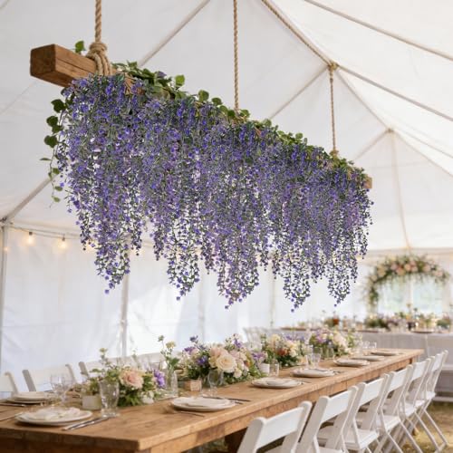 Artificial Hanging Flowers 6 PCs Purple Faux Hanging Vines Plants UV Resistant Fake Eucalyptus Ferns Plants for Outdoors Wall Home Porch Patio Garden Front Porch Summer Decor(Purple) - color: Purple