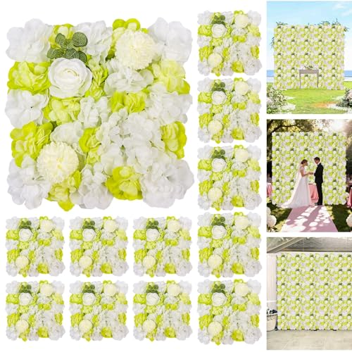 12-Pack Flower Wall Panels, 15x15 Inch Artificial Silk Rose Backdrop 3D Silk Hydrangea Rose Floral Panel for Photo Background Home Party Wedding Backdrop Decoration - color: Green
