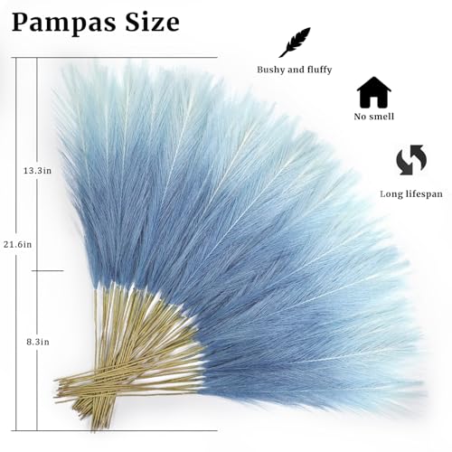 TORONTOKYO Light Blue Pampas Grass Decor, 50Pcs 21.6 inch Artificial Faux Pompas Grass Small Fluffy Arrangement for Wedding Boho Home Decor Vase Filler - color: Blue Gradient, size: 21.6inch-50Pcs