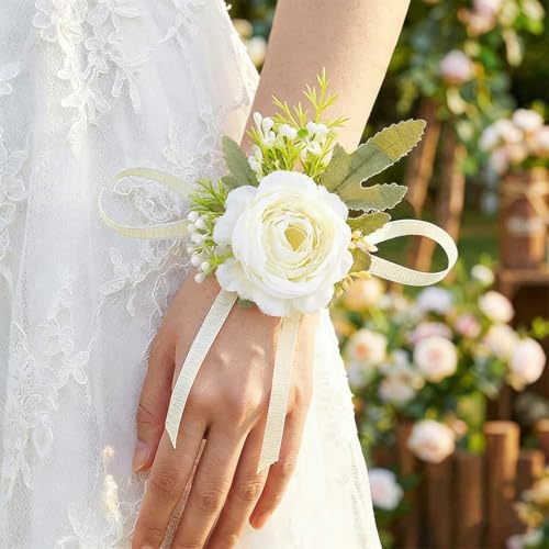 Wedding Corsage Wristlet Red Rose Wrist Corsage for Women (White) - color: White