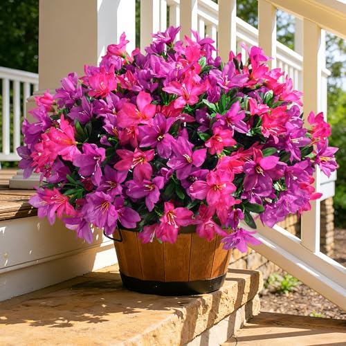 INSPRING Artificial Flowers Fake Plants for Outdoors Spring Summer Decoration, 3 Bundles Faux Silk Azalea UV Resistant Outdoor Flowers Realistic for Planters Outside Patio Porch Garden Home Decor, Mix - color: Fuchsia + Hotpink