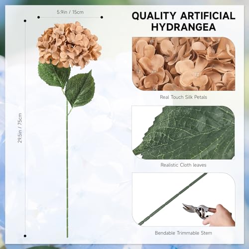 6 PCS Artificial Hydrangea Flowers, Faux Silk Hydrangea with Long Stems, Home Wedding Decor, Table Centerpieces, Party Decorations(Caramel) - color: Caramel