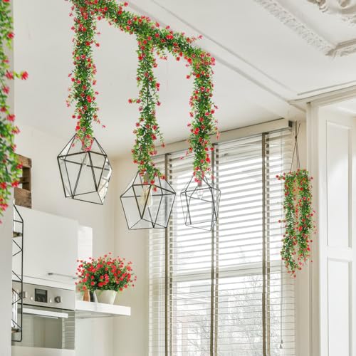 RECUTMS 3 Pack Artificial Spring Eucalyptus Garland Faux Hanging Eucalyptus Plants with Flowers Spring Fake Greenery Vines Garland for Spring Thanksgiving Home Wedding Mantle Wall Decor(Red) - color: Red