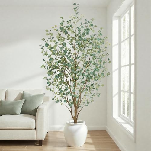 8FT Artificial Eucalyptus Tree Indoor, Faux Eucalyptus Tree with 901 Silk Leaves, Tall Fake Tree - Artificial Tree Indoor for Living Room Office Bedroom Home Decor - size: 8ft