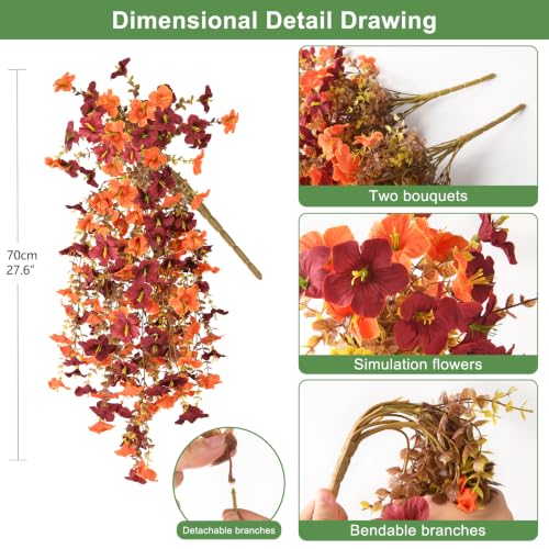 INQCMY Artificial Fake Fall Flowers Plants for Outdoor Decoration,2 PCS Faux Silk Morning Glory with Eucalyptus Leaves,UV Resistant Realistic Outdoor Flowers for Balcony Porch Patio Yard Garden - color: Fall Orange Brown