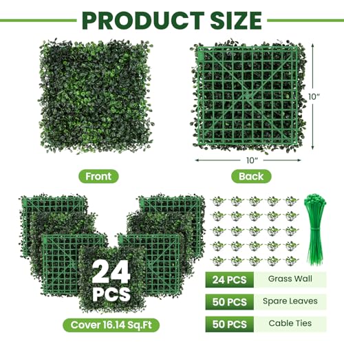 Grass Wall 24 Pack 10"x10" Artificial Boxwood Hedge Wall Panels, Privacy Hedge Screen Faux Boxwood for Outdoor,Indoor,Garden,Fence,Backyard,Greenery Walls - size: 10"X10" 24P