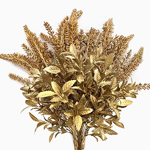 CATTREE Artificial Gold Plants, Plastic Leaves Golden 4 Pack, Fake Grass Faux Shrubs Bushes for Home Indoor Outdoor Garden Leaf Wedding Christmas Festival Decoration Hall Table Planter Filler - color: Gold Leaves Grass-2 Pcs & Gold Lavender-2 Pcs