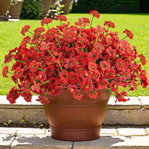 Krissing 48 Bundles Outdoor Artificial Flowers UV Resistant Fake Silk Flowers Faux Plastic Plants Outside Garden Porch Window Box Summer Decoration (Red) - color: Red