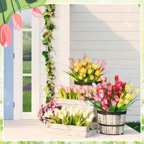 Yungyan 20 Bundles 100 Pcs Fake Tulips Wedding Centerpieces Artificial Flowers No Fade Faux Plastic Flower Arrangement for Bridal Shower Ceremony Home Decor(Rose Red, Orange, Pink, Yellow) - color: Rose Red, Orange, Pink, Yellow