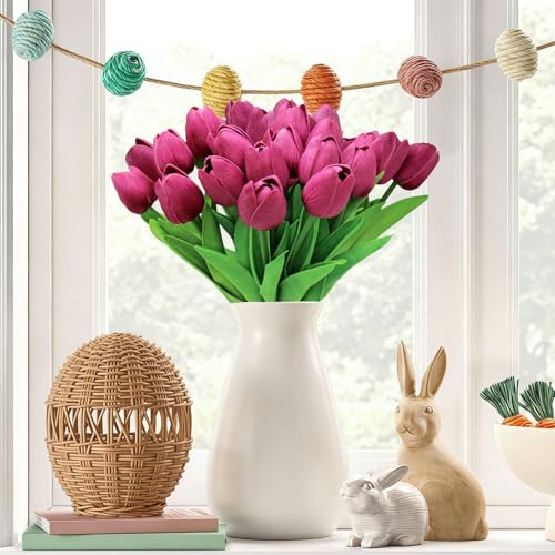 28pcs Hot Pink Flowers Artificial Tulip Stems Real Feel PU Tulips for Easter Spring Wreath Wedding Bouquet Centerpiece Floral Arrangement Cemetery Table Décor 13" Tall - color: Hot Pink