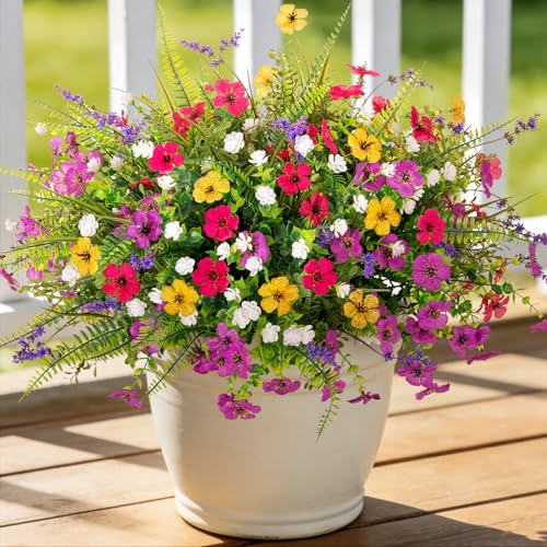 ADXORA Artificial Fake Flowers for Outdoor Decoration 12 PCS Faux Silk Daisy Flowers for Outdoor Planters Fern Boxwood Monkey Grass UV Resistant for Outside Home Porch Patio Planter Decor - color: Set1-mix Flowers+boxwood White+lavender+ferns