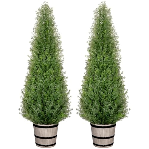 VIVATREES 4FT Artificial Cedar Topiary Trees with Rustic Barrel Planter, Outdoor Indoor Realistic Faux Pine Shrubs Plants, Fake Cypress Trees for Home Offices Porch Decor, Set of 2 - color: Brown, size: 4FT