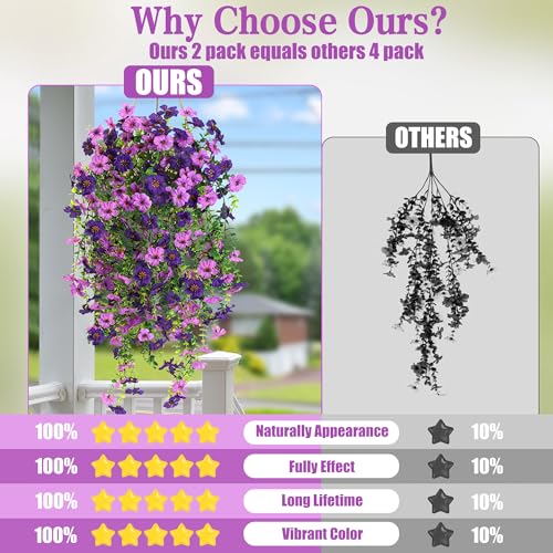Artificial Fake Hanging Flowers Plants for Outdoor Outside Spring Summer Decoration 2PCS Faux Silk UV Resistant Realistic Mums Daisy with Eucalyptus for Home Porch Patio Balcony(Purple & Magenta) - color: Purple & Magenta