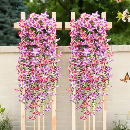Waipfaru Artificial Petunias Flowers for Outdoors, 4 Pcs UV Resistant Fake Hanging Plants Spring Outside Decor, Faux Silk Flowers Long Trailing Vines for Outdoor Planters Porch Garden (Purple Fuchsia) - color: Rose, size: 4 PCS
