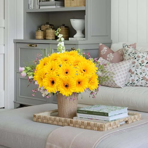 20 Pcs Fake Silk Gerbera Daisy Artificial Flowers with Stems Faux Daisies Flower Bulk for DIY Art Crafts Home Wedding Party Vase Centerpieces Tables Garland Wreath Decoration (Yellow) - color: Yellow