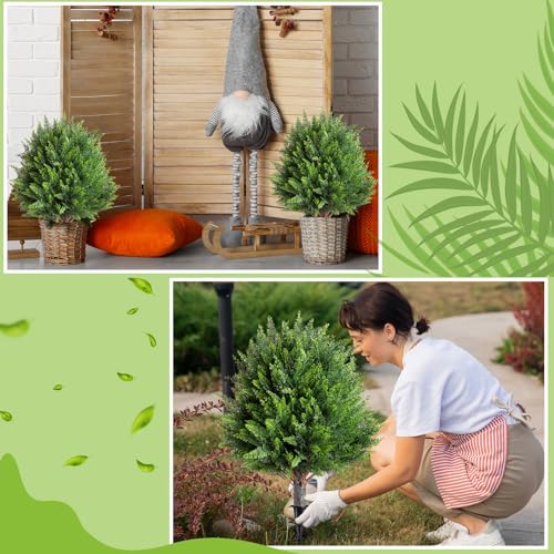 Canlierr 4 Pcs 21 Inch Artificial Cedar Topiary Ball Trees with Ground Spike, Cypress Plants UV Resistant Shrubs Fake Bushes for Outdoor Indoor Front Porch Garden Decor