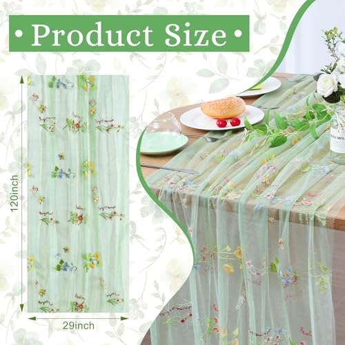 BINBE 6pcs Sage Green Florals Table Runner Embroidery Gauze 10FT Daisy Seasonal Tulle Birthday Wedding Holiday Kitchen Dining Table Decor for Home Party - color: Sage Green, size: 10ft x 6pack