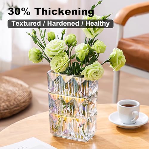 Iridescent Crystal Flower Vase Heavyweight Glass Centerpiece Holographic Colorful Vases for Living Room Trendy Home Decor Scratch Resistant 5.1x3.11x7.88 in 1 Pc - color: Clear Iridescent