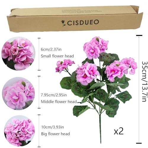 CISDUEO 2 Pcs Artificial Geranium Flowers for Outdoors Silk Geraniums Flowers Outdoor UV Resistant Pink Fake Geraniums Bush Faux Flowers Geraniums for Outdoor Decor Indoor Patio Table Centerpiece - color: Purple Pink