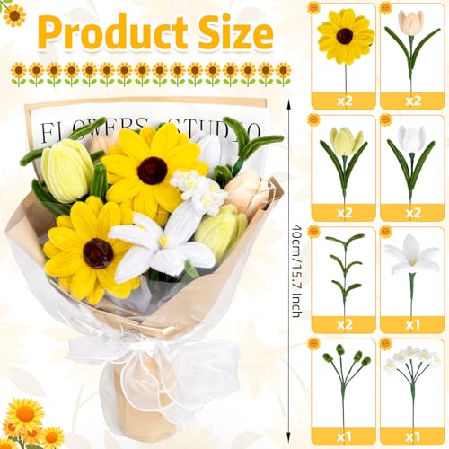 15.7inch Completed Pipe Cleaners Flowers Bouquet, Yellow Handmade Pipe Cleaners Bouquet, 2 Sunflower 1 Lily 6 Tulip 5 Daisy 14 PCS for Valentine’s Day Mother's Day Birthday Anniversary Wedding Decor - color: (Yellow） Tulip Sunflower Lily