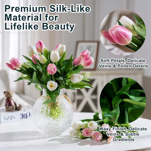 Bailikang 20PCS Fake Tulips Artificial Tulip Silk Flowers Fake PU Bouquet Artificial Flowers Faux Flowers with Gift Box Soft Faux Tulips Bouquets Arrangements for Party Wedding Home - color: White+pink