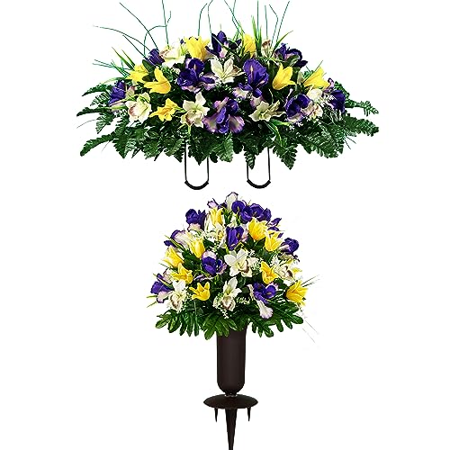 Sympathy Silks Artificial Cemetery Flowers - Grave Decoration - Yellow Tulips and Purple Iris (1) Headstone Saddle (1) Bouquet (1) Vase - color: Yellow/Purple, size: (1) Saddle (1) Bouquet (1) Vase