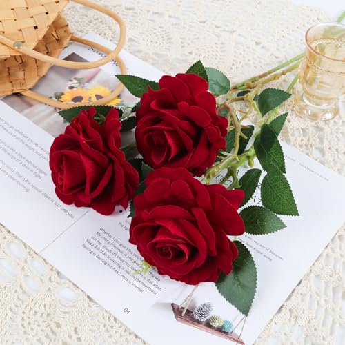 6Pcs Burgundy Roses Artificial Flowers Real Touch Velvet Roses Fake Flowers with Stems for Vase Table Centerpiece Home Wedding Party Garden Decoration(Dark Red) - color: Dark Red