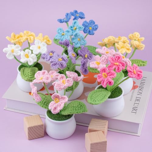 Blync Knitting Crochet Flowers Potted Plants, Fake Forget Me Not Flowers for Friends, Family and Lover, Artificial Handmade Flowers for Valentines Birthday Wedding Gift and Home Decor (Gpink) - color: Gpink