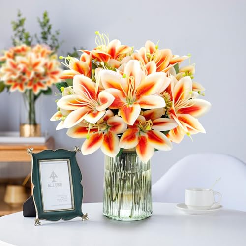 4 Bundles Artificial Tiger Lily Silk Flowers Faux Fake Lilies Plants for Wedding Bouquet Home Party Indoor Table Hotel Office Vases Floral Arrangements Outdoor Garden Decor (Orange) - color: Orange